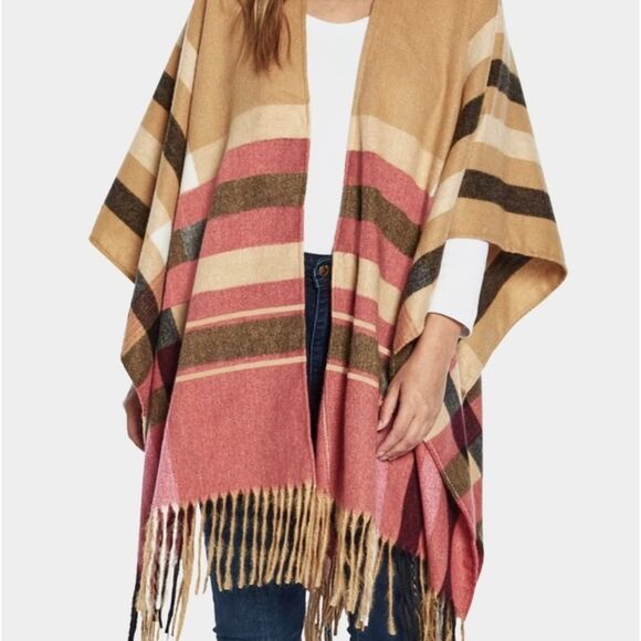 Woolrich Lagenlook Oversized Open Front Fringed Plaid Blanket Wrap Shawl Poncho - Picture 4 of 12